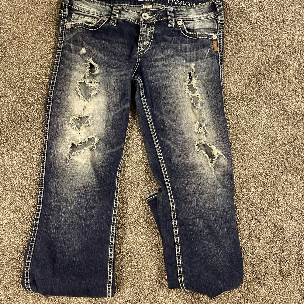 Silver Jeans Dark Blue Distressed Boot Cut Jeans